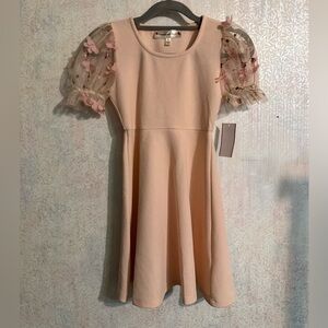 Poppies And Roses Blush Girls Casual Dress Sheer Sleeves With Appliqué Flowers 7
